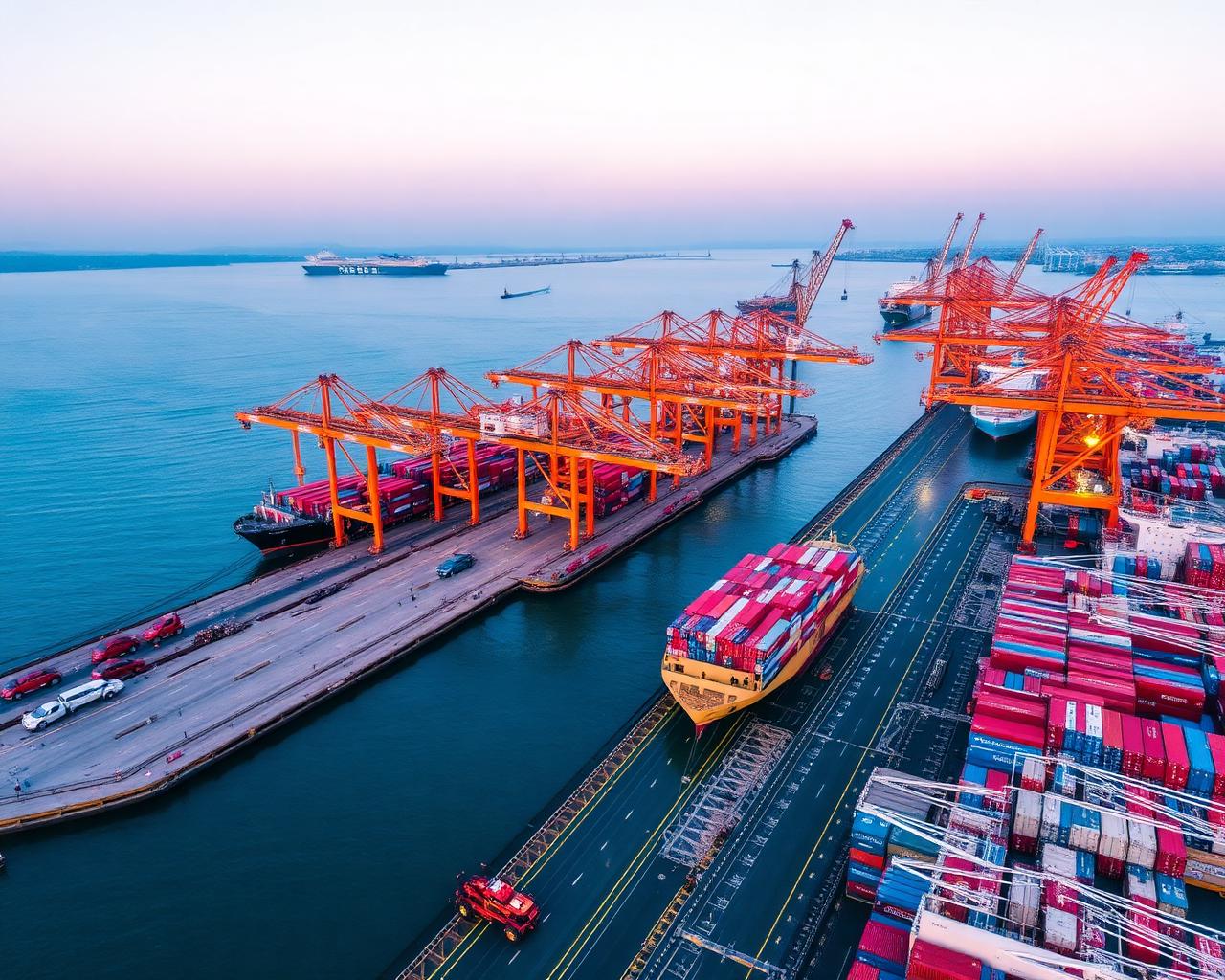 International shipping port at dusk